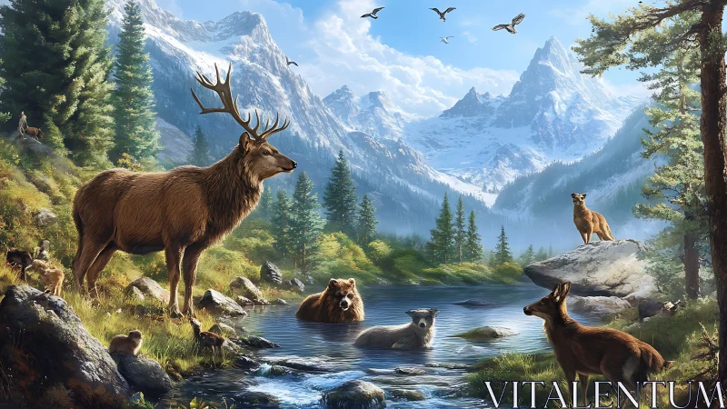 Mountain wildlife gathering beside crystal alpine lake at dawn.