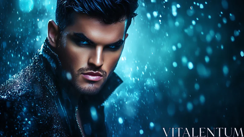 Storm-lit rebel in electric blue rain-slicked glamour gaze.