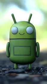 Green toy robot mascot rendered with shallow focus bokeh.