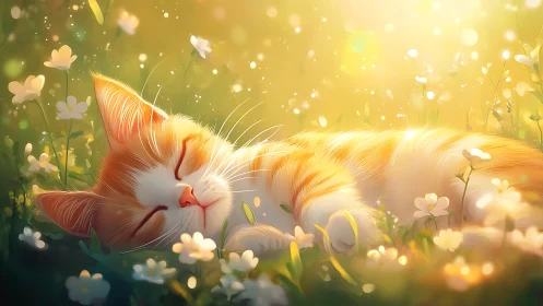 Sunlit ginger kitten dreaming softly among daisies.