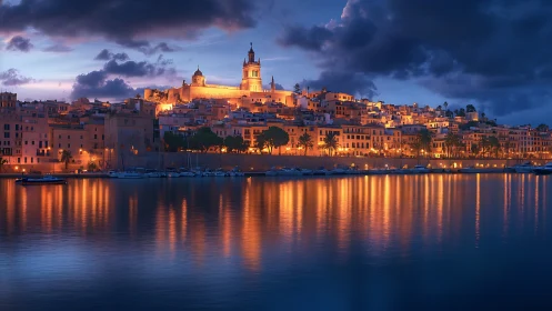 Coastal Mediterranean town glows over calm harbor at dusk