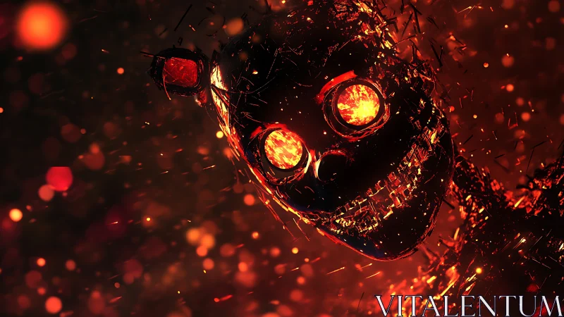 Molten-eyed robotic skull emerges from swirling embers.