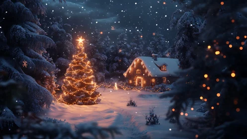 Snowy forest cabin with glowing Christmas tree at dusk.