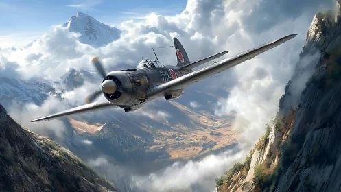 WWII fighter cuts through sunlit alpine cloud canyon.