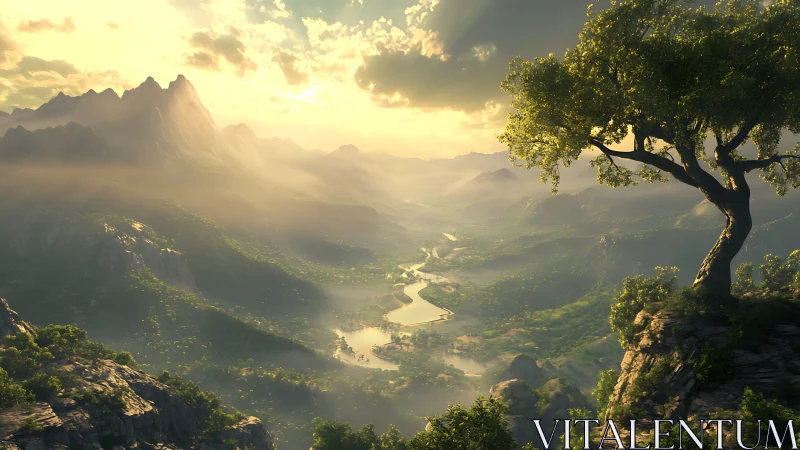 Sunlit river valley unfolds beneath dramatic mountain ridge.