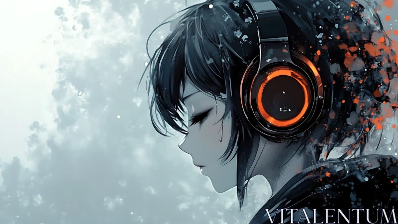 Snow-dimmed dreamer in neon headphones drifting through sound.