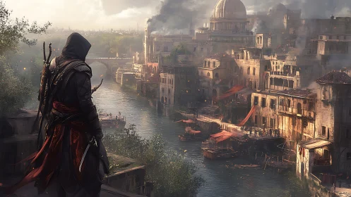 Hooded figure surveys smoking riverside city in muted light