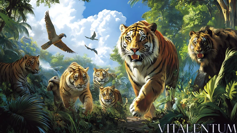 Tiger Family Prowls Through Jungle Paradise at Dawn