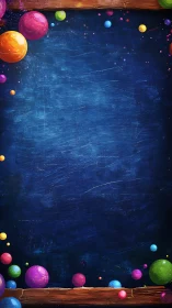 Colorful bubbles frame a bright, blank blue chalkboard space