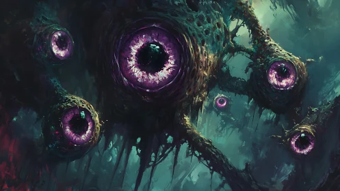 Eldritch floating eyes in dark organic voidscape.