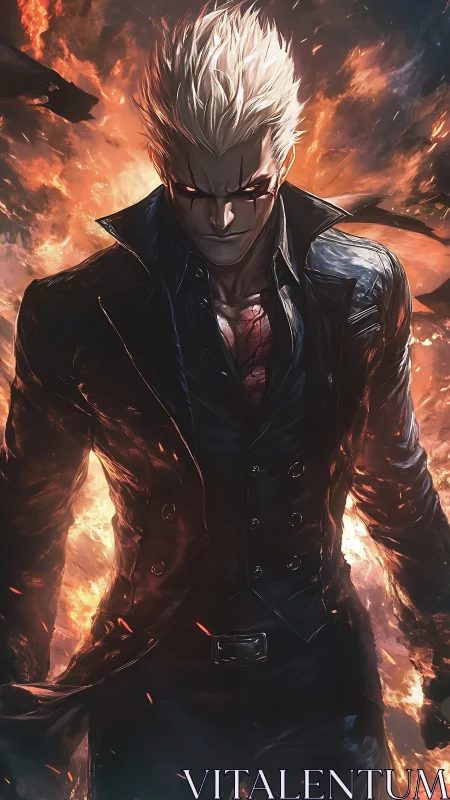 White haired figure in black coat amid burning background.