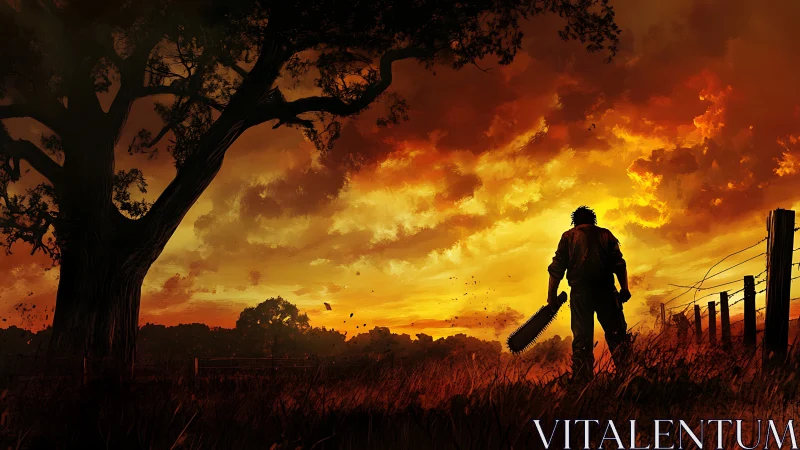Chainsaw drifter stalks a burning country sunset horizon.