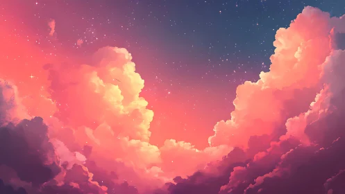 Radiant sunset clouds frame star-filled twilight sky