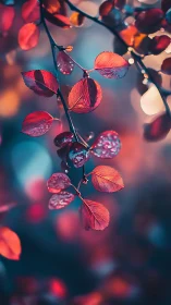 Crimson leaves glow against dreamy teal bokeh background.