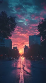City street extends toward vivid sunset under dramatic clouds