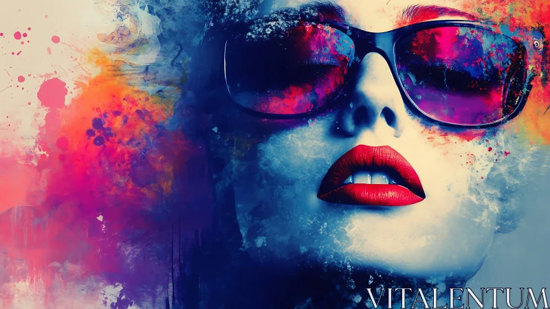 High-contrast digital portrait merges neon splatter overlays and glossy gradients