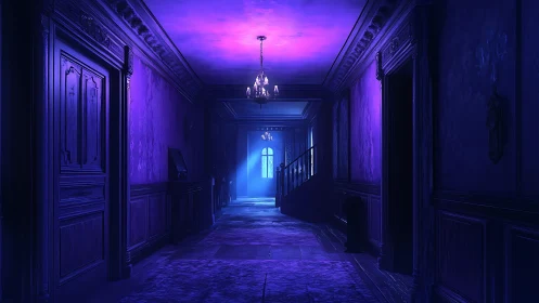 Haunted violet corridor humming with spectral moonlight.