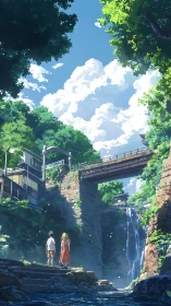 Sunlit riverside aqueduct with waterfall and two youths