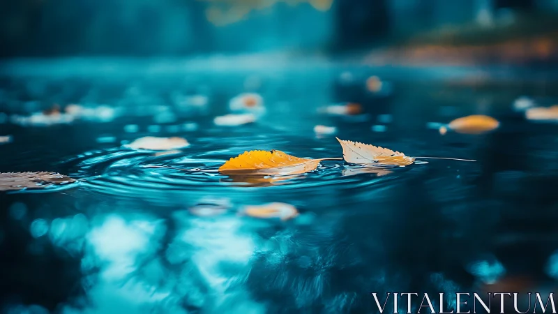 Autumn leaves drifting on blue water surface with ripples