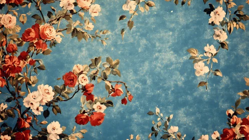 Vintage floral border pattern over textured cyan backdrop.