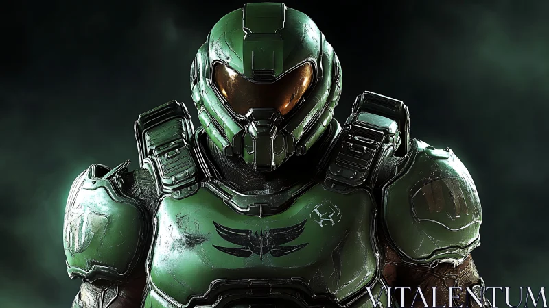 Armored sci fi soldier in green combat exosuit portrait.