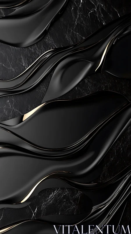 Black fluid ribbons overlay dark stone with metallic edging