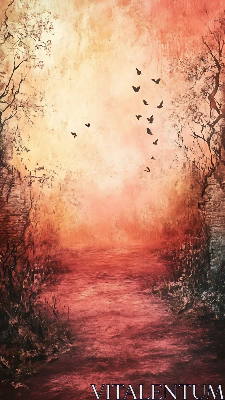 Soft sunset path glows warmly beneath graceful flying birds