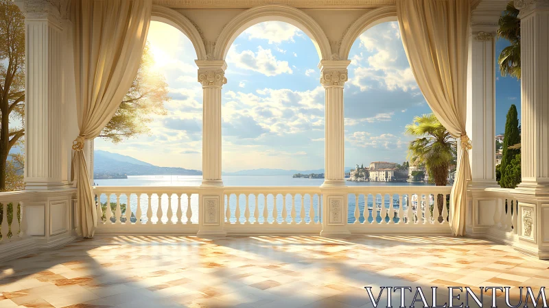 Sunlit marble terrace opening onto a serene coastal dream.