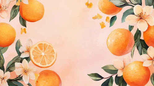 Citrus blossoms frame ripe oranges on soft peach background