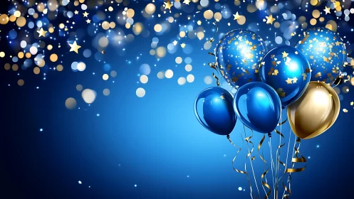 Blue and Gold Decorative Balloons Against Starlit Sky Background