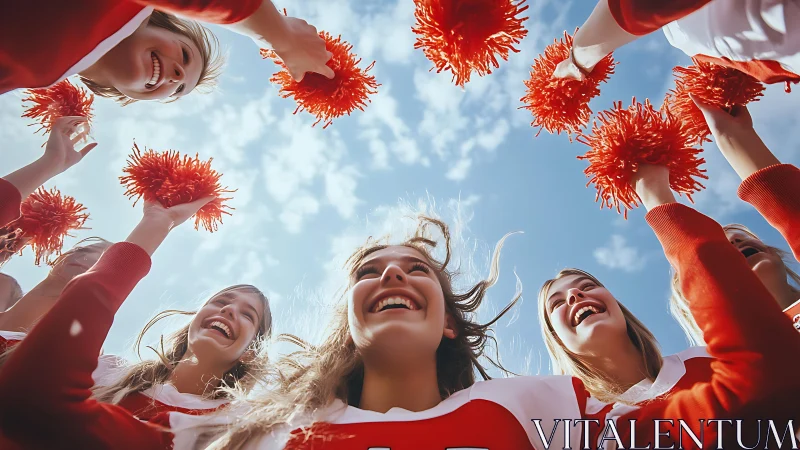 Cheerleaders celebrate in bright sunlight with orange pom poms.