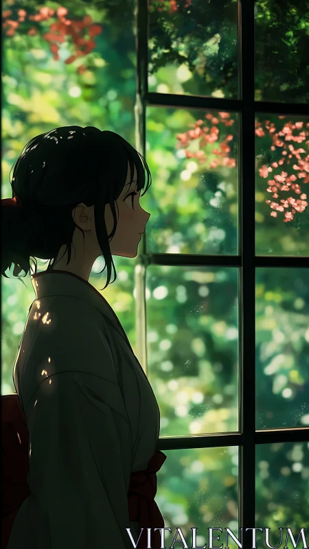 Side-lit girl in kimono before verdant window garden.