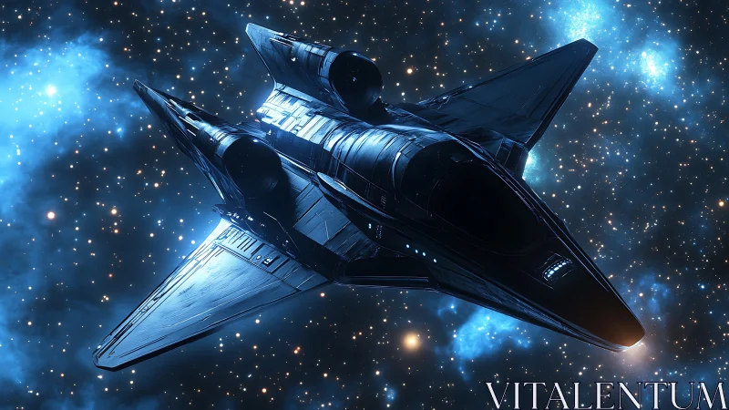 Sleek starship glides through a glowing, starlit galaxy
