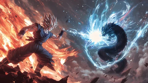 Spiky haired warrior facing blue energy dragon in battle.