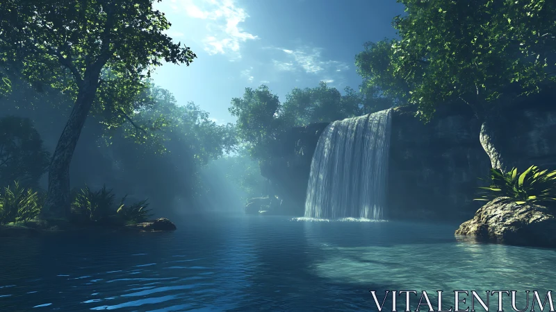 Volumetric-lit jungle waterfall renders with high-detail water shaders