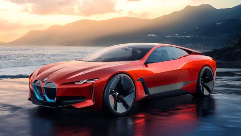 Red BMW concept coupe parked on wet coastal shoreline.