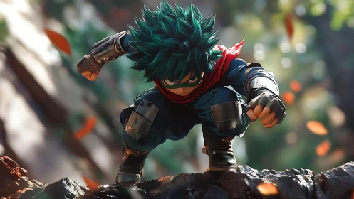 Armored anime hero crouched on forest branch, focused.