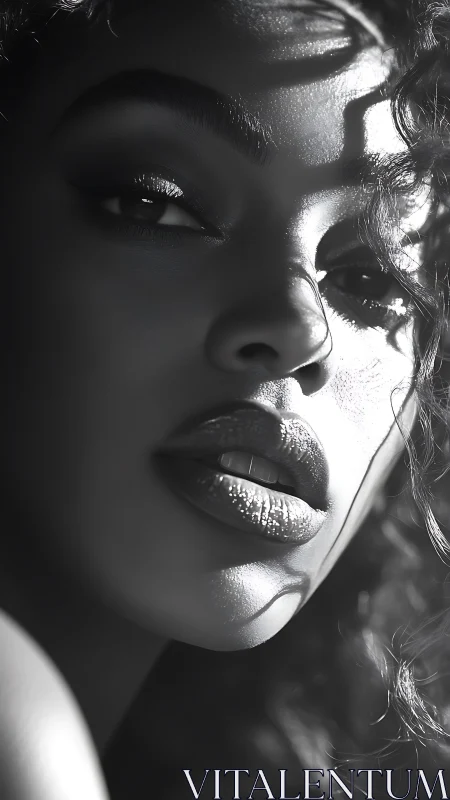 Monochrome close portrait captures sculpted lips and gaze