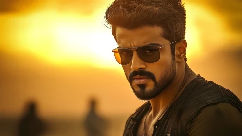 Cinematic male portrait in warm sunset backlight composition.