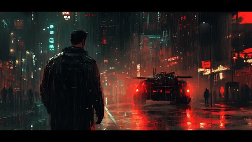 Neon soaked city street welcomes a lone wanderer in rain