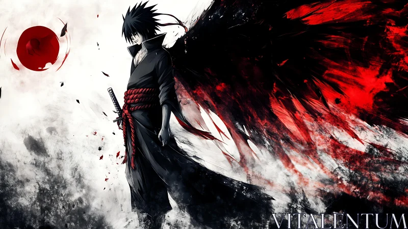 Dark anime swordsman with red energy wings in motion