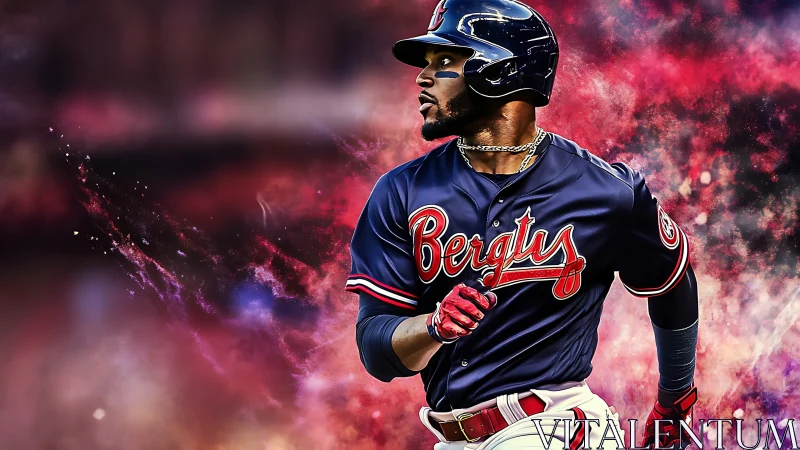Baseball player in navy jersey against red abstract backdrop.