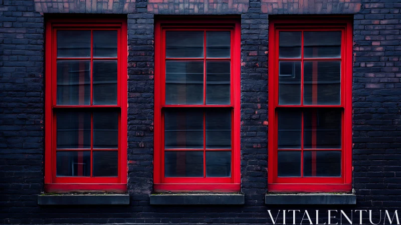 Three red-framed windows align on dark brick facade.