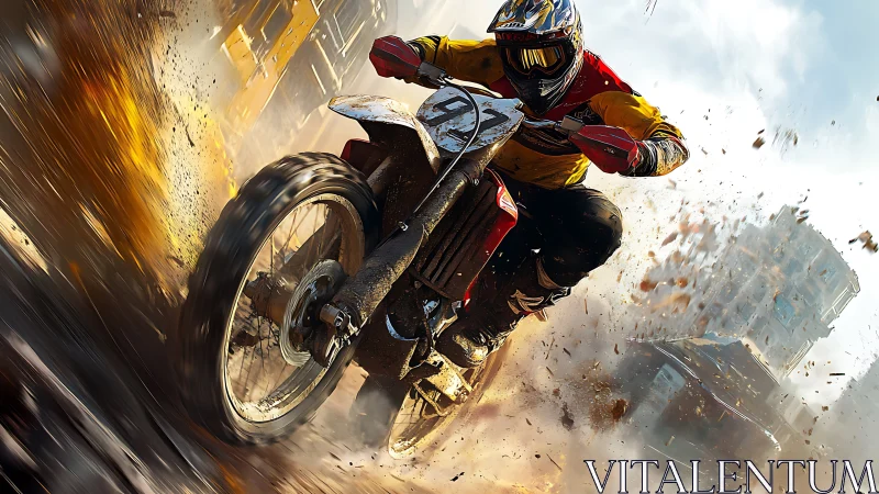 Kinetically skewed motocross rider in urban debris spray.