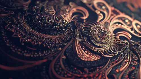 Macro render of filigree metal ornament with shallow DOF and bokeh