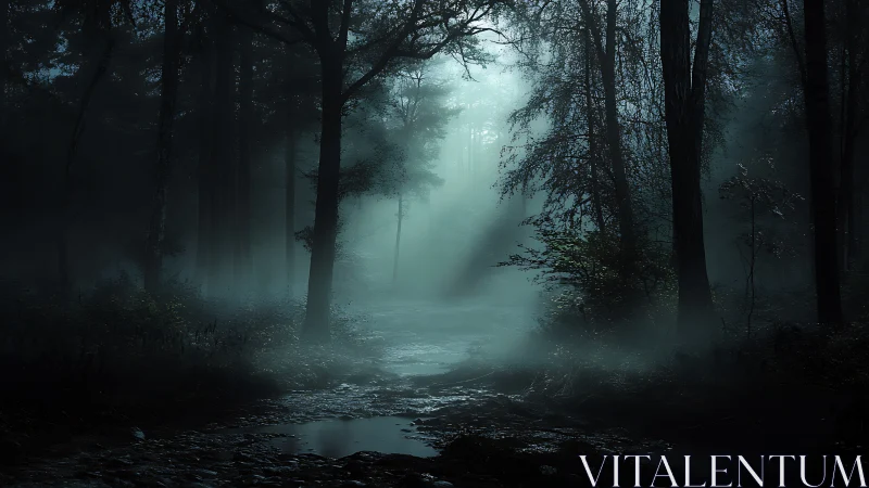 Misty Forest Path Shrouded in Ethereal Fog.