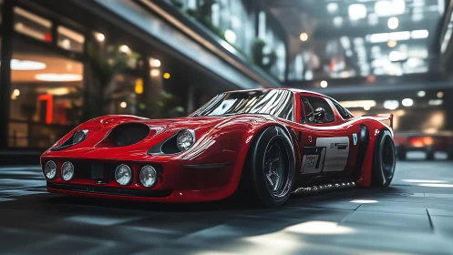 Red race car sits low in modern indoor garage environment