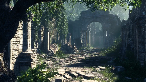 Stone ruins with archway and overgrown vegetation are shown