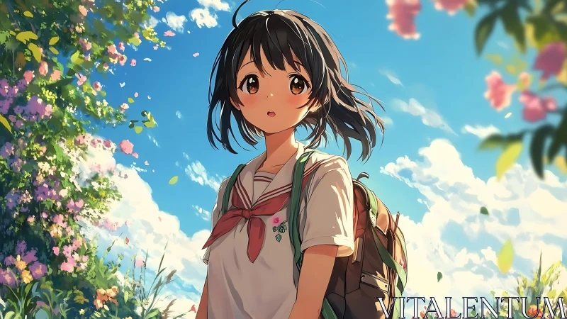Anime schoolgirl pauses in sunny garden, lost in thought.