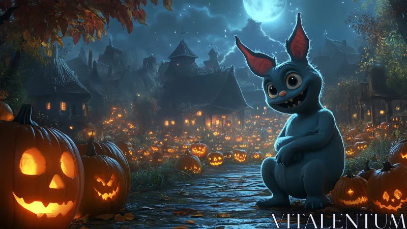 Playful blue creature guards a glowing Halloween pumpkin village